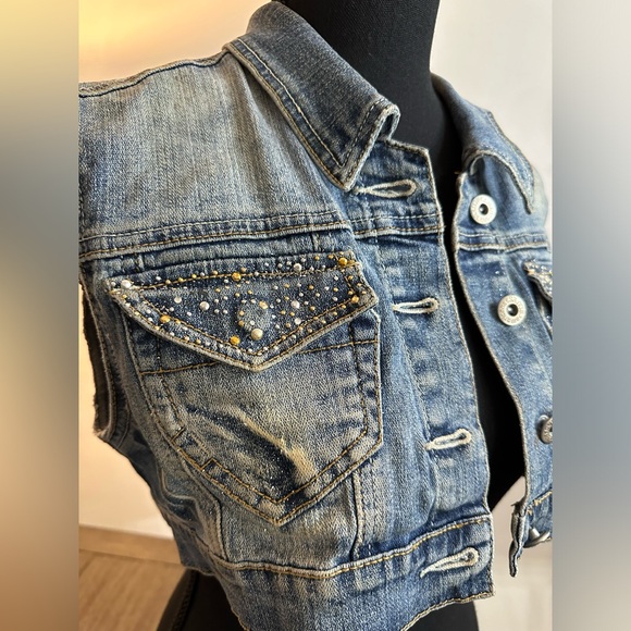 Americana Blues Distressed Embellished Sleeveless Vest - Size S - Picture 2 of 13